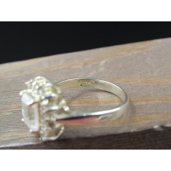 Size 7.75 Sterling Silver Tarnished Face Emerald Cut CZ Halo Band Ring - Picture 6 of 9